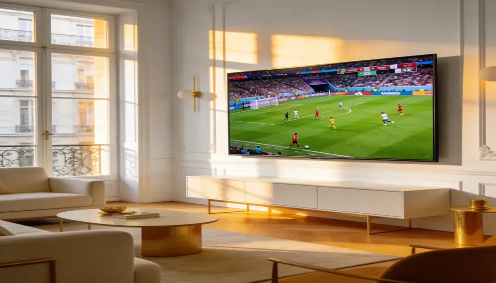 Lemo IPTV streaming a live sports match in 4K on a wall-mounted TV in a bright living room